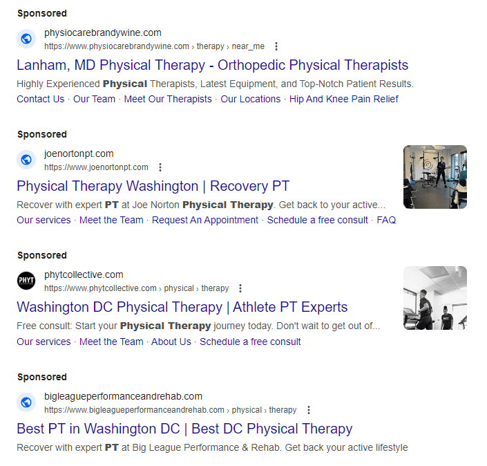Ads from physical therapy practices on Google