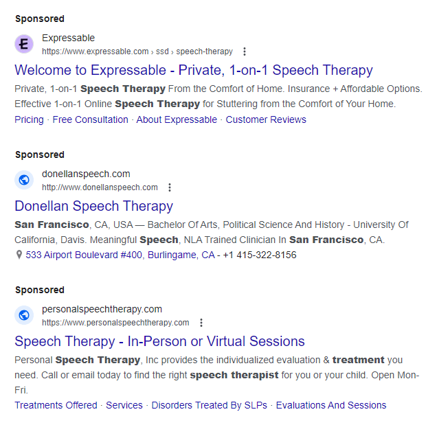 Google ads for speech therapy